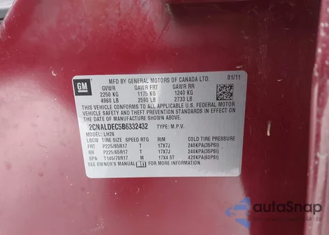 2011 Chevrolet Equinox 1Lt z USA, uszkodzony, nr VIN 2CNALDEC5B6332432